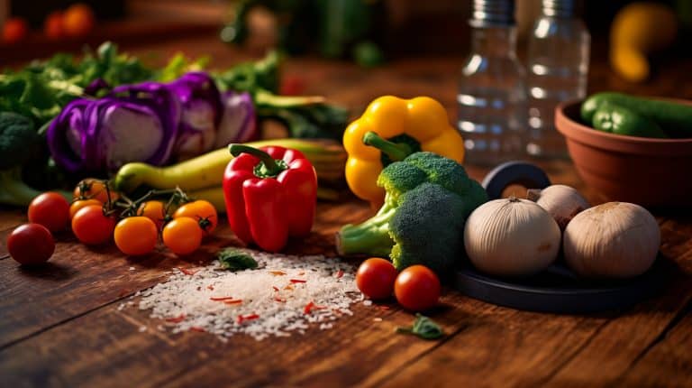 Symbolbild für gesunde Ernährung mit frischen Lebensmitteln wie Obst, Gemüse, Vollkornprodukten und gesunden Fetten – Sinnbild für eine ausgewogene und nährstoffreiche Ernährung.