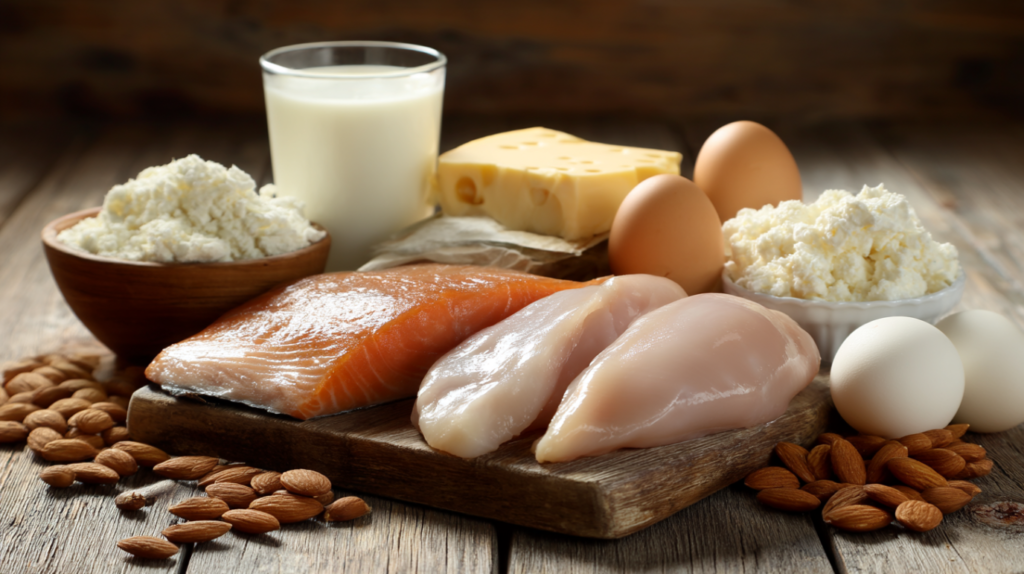 Darstellung von Proteinquellen wie Eiern, Fleisch, Fisch, Nüssen und Hülsenfrüchten – Symbolbild für eiweißreiche Ernährung und Muskelaufbau.