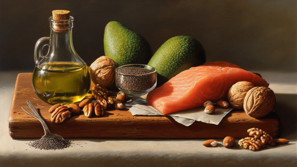 Darstellung von gesunden Fettquellen wie Olivenöl, Nüssen, Avocado und Samen – Symbolbild für essentielle Fettsäuren und eine ausgewogene Ernährung.
