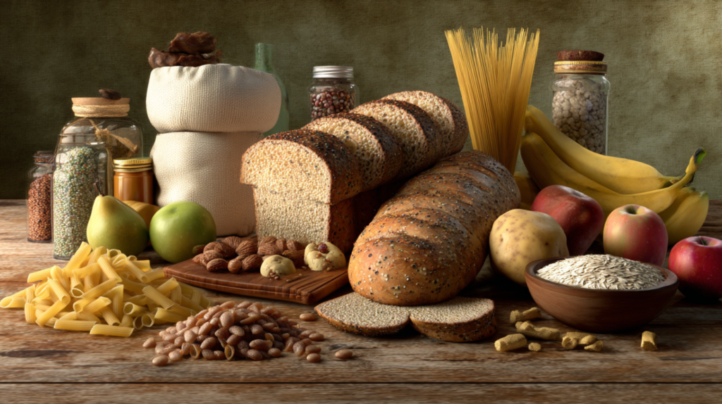 Darstellung von Kohlenhydratquellen wie Brot, Nudeln, Reis, Haferflocken und Obst – Symbolbild für energiereiche Lebensmittel und gesunde Ernährung.