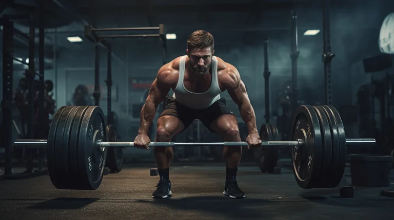 Athlet im Fitnessstudio beim Kreuzheben mit schwerer Langhantel – Symbolbild für Krafttraining, Muskelaufbau und funktionelle Fitnessübungen.