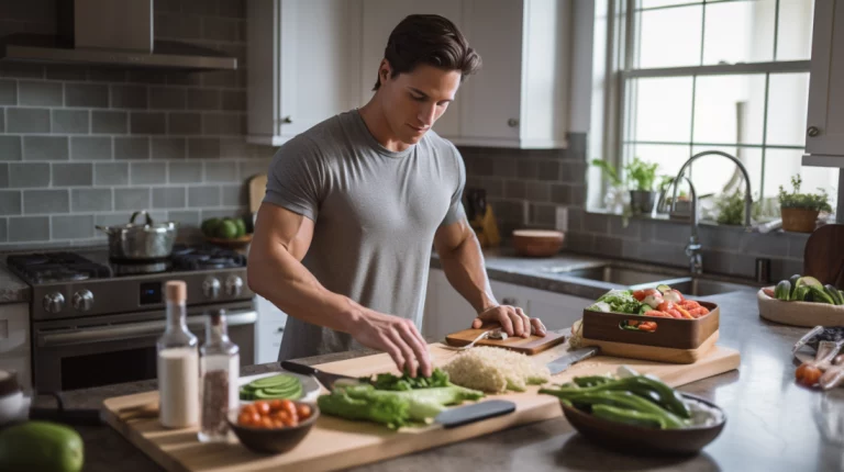 Symbolbild für Muskelaufbau und Ernährung: Verschiedene gesunde Lebensmittel wie Proteinquellen, Kohlenhydrate und gesunde Fette auf einem Tisch – unterstützt durch Fitnessziele und Trainingsstrategien.