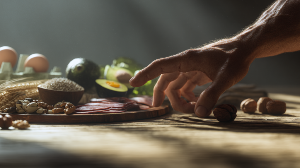 Verschiedene Proteinquellen wie Eier, Hühnchen, Fisch, Nüsse und Hülsenfrüchte – Symbolbild für eiweißreiche Ernährung und Muskelaufbau.