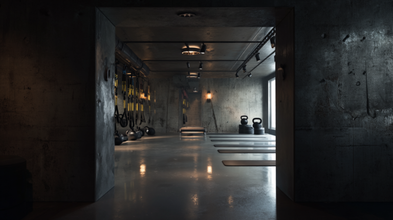 Kursraum mit intensiver Atmosphäre, ausgestattet mit Fitnessgeräten und Trainingsutensilien für anspruchsvolle Workouts.