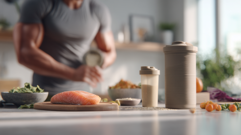 Symbolbild für Muskelaufbau und Ernährung: Verschiedene gesunde Lebensmittel wie Proteinquellen, Kohlenhydrate und gesunde Fette auf einem Tisch – unterstützt durch Fitnessziele und Trainingsstrategien.