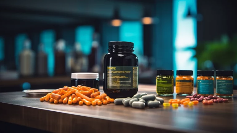 Verschiedene Supplements in Form von Kapseln, Pulvern und Shakern auf einem weißen Hintergrund, symbolisch für Nahrungsergänzungsmittel im Fitness- und Gesundheitsbereich.