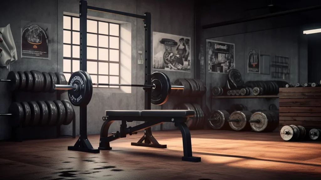 Leere Trainingsbank für Bench Press mit Langhantelablage, ideal für Krafttraining und Muskelaufbau.