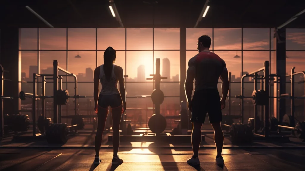 Fitnessmythen: Ein Mann und eine Frau im Fitnessstudio, die mit den häufigsten Missverständnissen konfrontiert werden, mit dem Fazit, dass wissenschaftlich fundierte Ansätze wichtiger sind als Mythen.