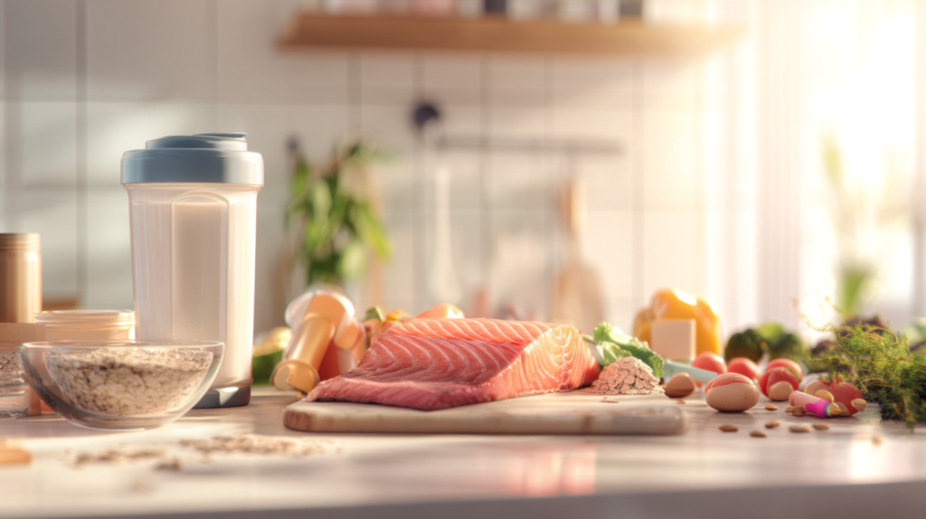 Verschiedene Proteinquellen wie Eier, Hühnchen, Fisch, Nüsse und Hülsenfrüchte – Symbolbild für eiweißreiche Ernährung und Muskelaufbau.