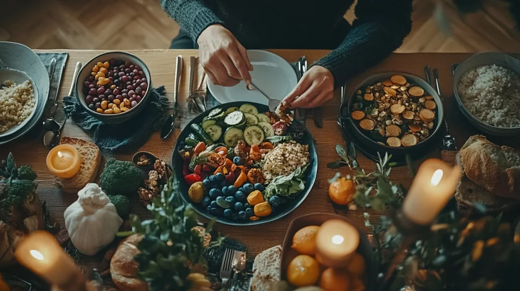 Intuitive Ernährung: Gesunde Auswahl an Lebensmitteln mit Obst, Gemüse, Vollkornprodukten und Proteinen, die eine natürliche und achtsame Ernährungsweise symbolisieren.
