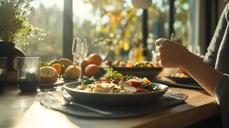 Symbolbild für intuitive Ernährung mit frischen Lebensmitteln wie Obst, Gemüse und gesunden Mahlzeiten, das achtsames Essen und eine natürliche Ernährungsweise darstellt.