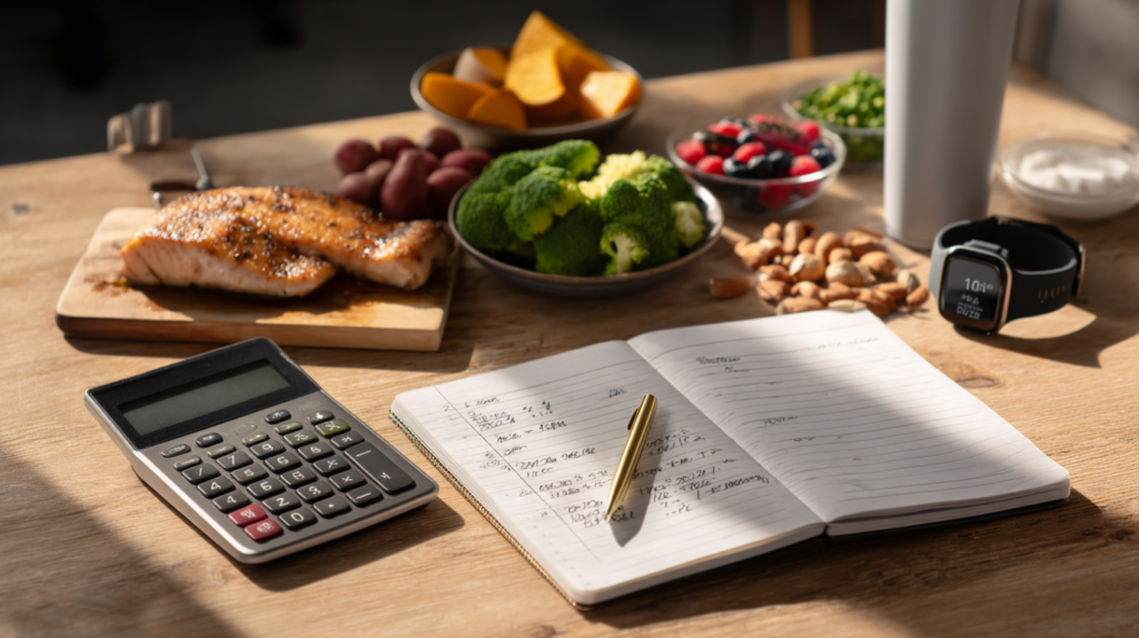 Symbolbild zur Kalorienberechnung mit Taschenrechner, Notizblock und Lebensmitteln – Darstellung der Planung von Ernährung und Energiebedarf.