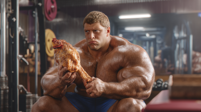 Ein muskulöser Bodybuilder während eines intensiven Trainings in der Massephase. Er hebt schwere Gewichte, die Muskeln sind deutlich definiert und angespannt. Die Szene vermittelt Kraft, Entschlossenheit und den Fokus auf den Muskelaufbau. Die Umgebung ist eine klassische Fitnessstudio-Atmosphäre mit Hanteln und Trainingsgeräten im Hintergrund.