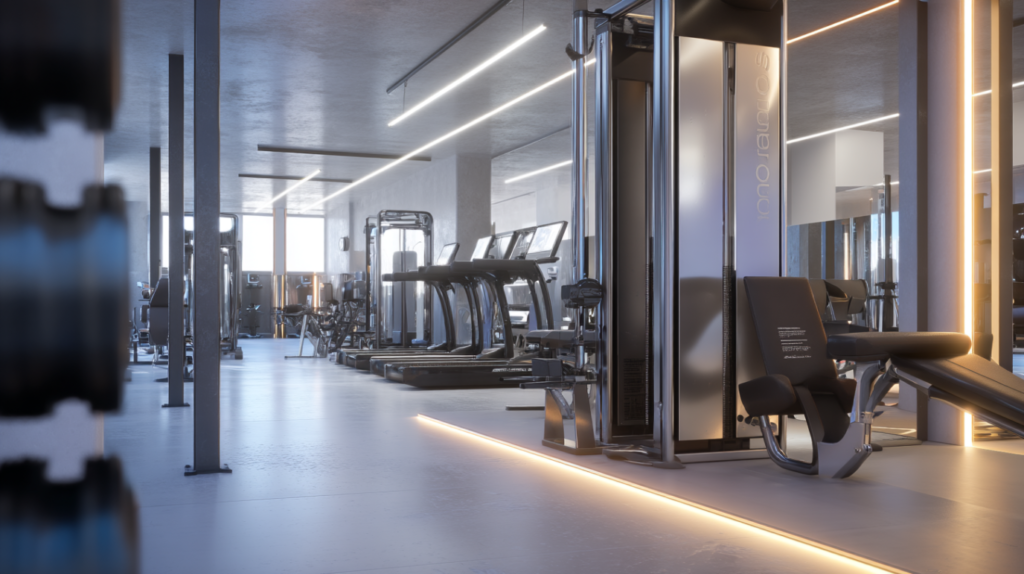 Visualisierung der Fitness-Zukunft mit innovativen Technologien wie KI-gesteuerten Wearables, smarten Trainingsgeräten und personalisierten Workout-Analysen.
