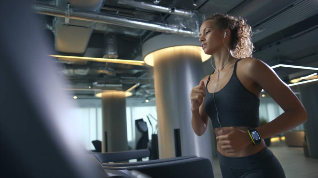 Darstellung der Zukunft der Fitness mit modernster Technologie wie KI, Wearables und digitalen Trainingsgeräten, die personalisierte Workouts und Fortschrittsanalysen ermöglichen.