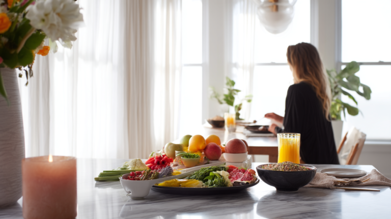 Symbolbild für intuitive Ernährung mit frischen Lebensmitteln wie Obst, Gemüse und gesunden Mahlzeiten, das achtsames Essen und eine natürliche Ernährungsweise darstellt.