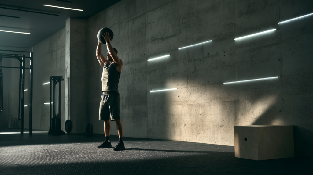 Mann beim Functional Training, der mit intensiver Konzentration eine Kettlebell-Swing-Übung ausführt, um Kraft, Stabilität und Ausdauer zu verbessern.