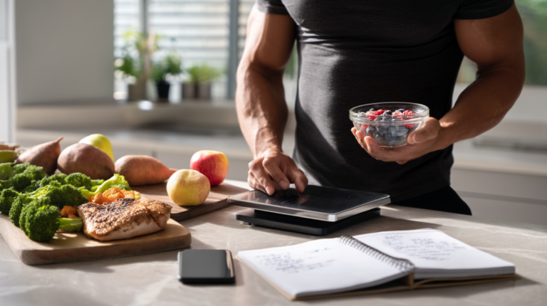 Küche mit Lebensmitteln und Kalorienangaben – Symbolbild für Kalorienberechnung, gesunde Ernährung und bewusste Lebensmittelwahl.