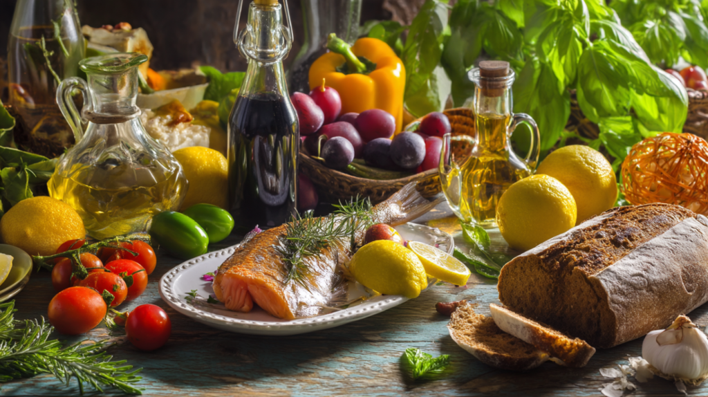 mediterrane Diät mit frischen Zutaten wie Olivenöl, Fisch, Gemüse und Vollkornprodukten