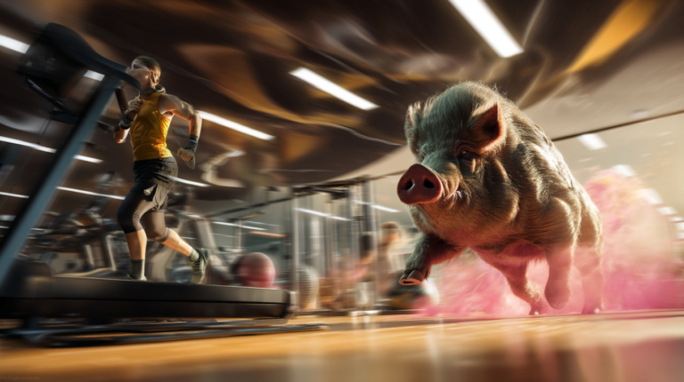 Person im Fitnessstudio mit Partyhut, die motiviert gegen ein Schweinehund-Wesen (Schweinskopf, Hundekörper) kämpft