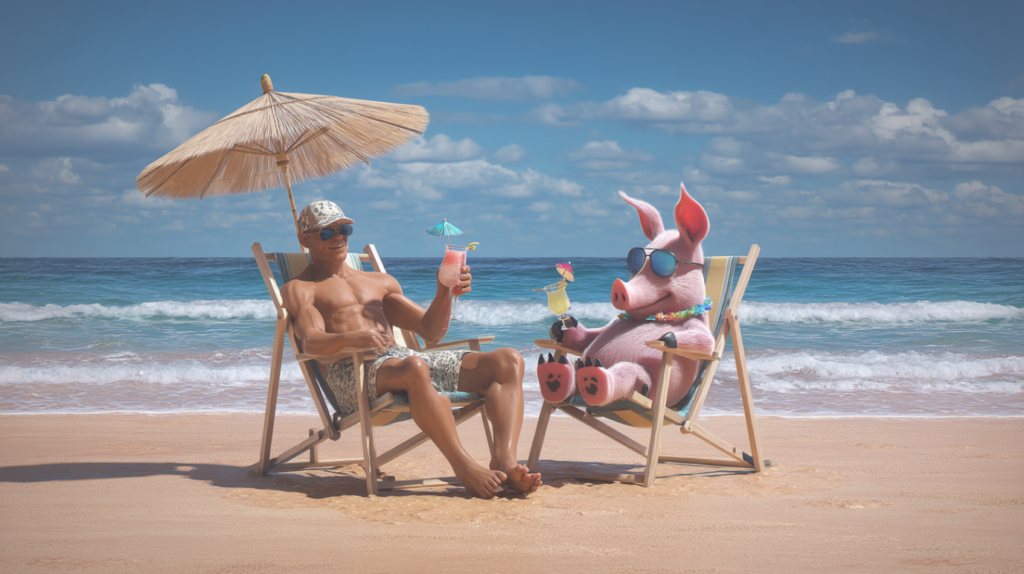 Sportliche Person und Schweinehund, entspannt am Strand, trinken Cocktails und genießen ihre Freundschaft.