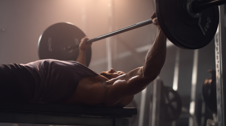 Fitnessstudios mit einer Person, die konzentriert Bankdrücken ausführt, umgeben von hochwertiger Fitnessausstattung