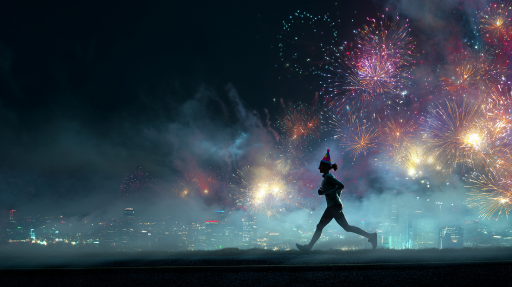 Person im Partyoutfit joggt nachts, umgeben von Feuerwerk, während ein furchteinflößender Schweinehund sie verfolgt.