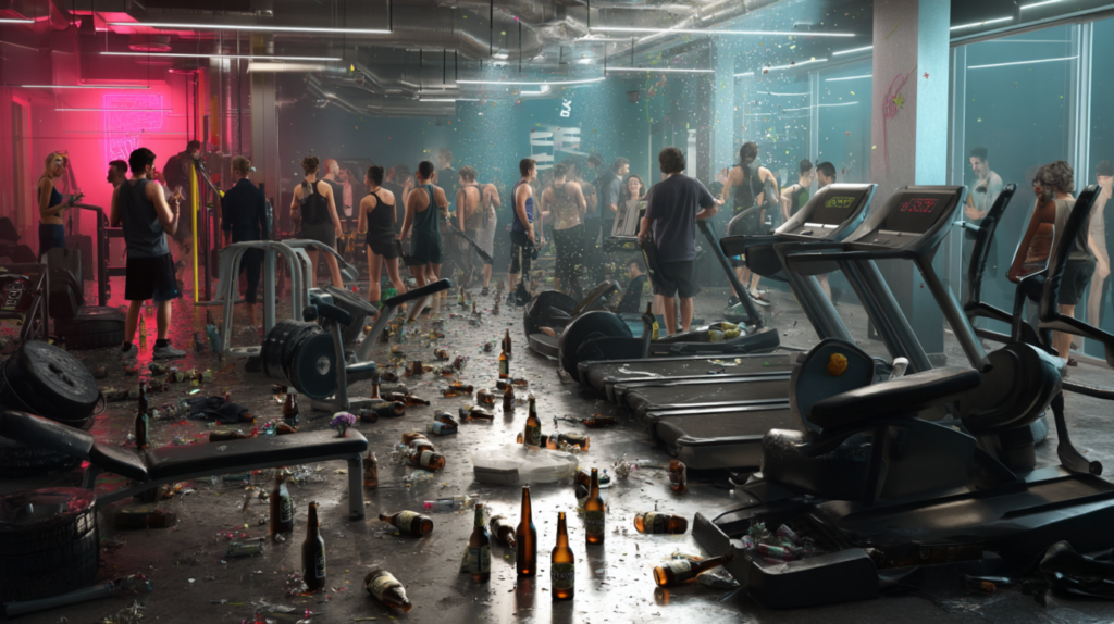 Fitnessstudio während einer wilden Party, bei der betrunken Personen mit Partyhüten eine Polonaise durch den Raum machen, umgeben von leeren Alkoholflaschen und bunten Dekorationen.