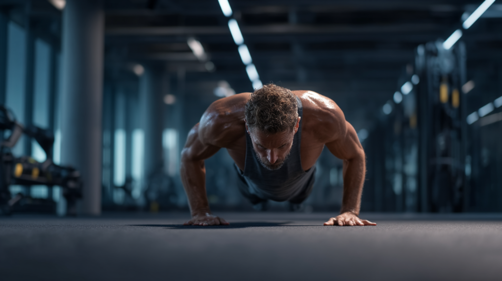 Fotorealistisches Bild einer Person, die mit perfekter Technik Liegestütze im modernen Fitnessstudio ausführt.