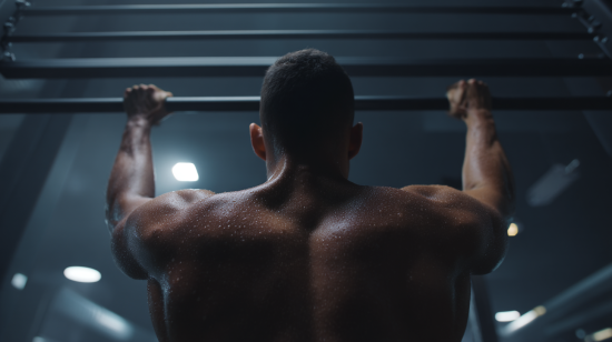 Fotorealistisches Bild einer Person, die mit voller Konzentration Klimmzüge an einer Stange im modernen Fitnessstudio ausführt.