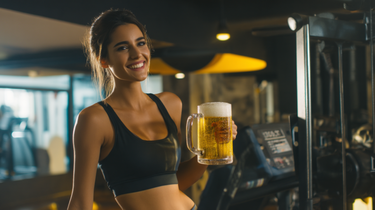 Fitnesstrainerin in einem modernen Fitnessstudio, lächelnd und mit einem Bierkrug in der Hand, symbolisiert die Balance zwischen Fitness und Genuss.