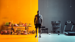 Person, die zwischen einem Buffet in warmen Farbtönen (anabole Phase) und einem modernen Fitnessstudio in kühlen Farbtönen (katabole Phase) steht