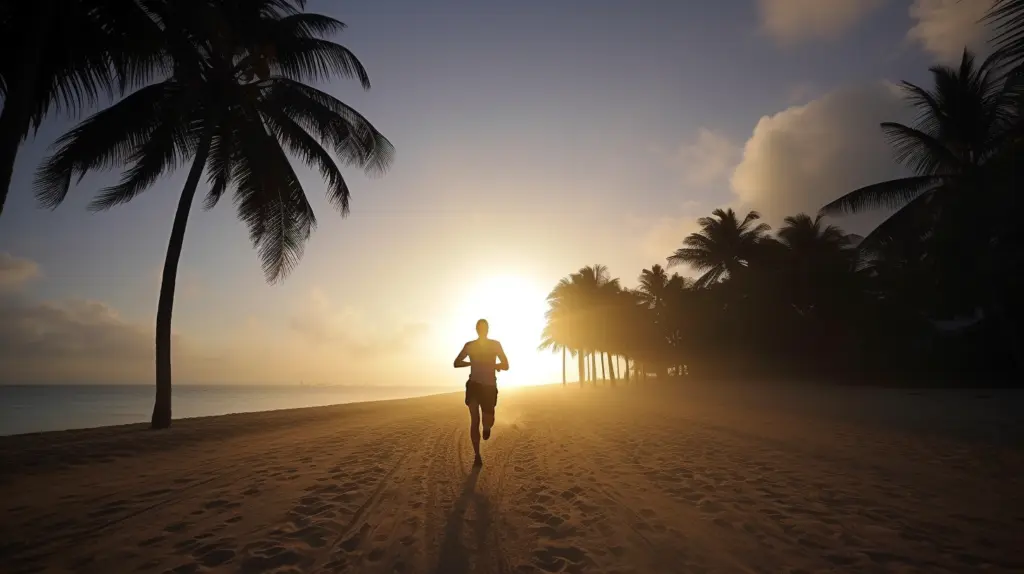 fitte Person joggt energisch am Strand entlang, umgeben von tropischer Landschaft, bei Sonnenaufgang