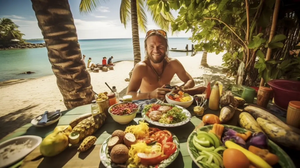 Fitte Person genießt frischen Fisch, tropische Früchte und Gemüse in einer malerischen Strandumgebung.