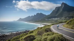 in sportlicher Radfahrer fährt auf einer malerischen Küstenstraße, umgeben von Meer und Bergen, und verkörpert Freiheit und Fitness im Urlaub.