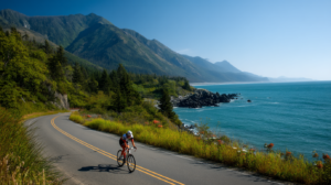 in sportlicher Radfahrer fährt auf einer malerischen Küstenstraße, umgeben von Meer und Bergen, und verkörpert Freiheit und Fitness im Urlaub.