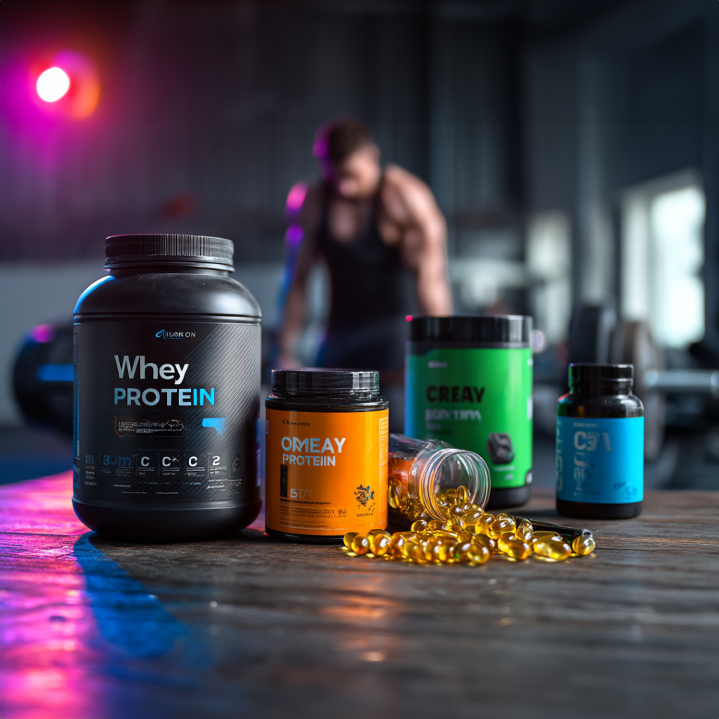 Verschiedene Supplements in Form von Kapseln, Pulvern und Shakern auf einem weißen Hintergrund, symbolisch für Nahrungsergänzungsmittel im Fitness- und Gesundheitsbereich.