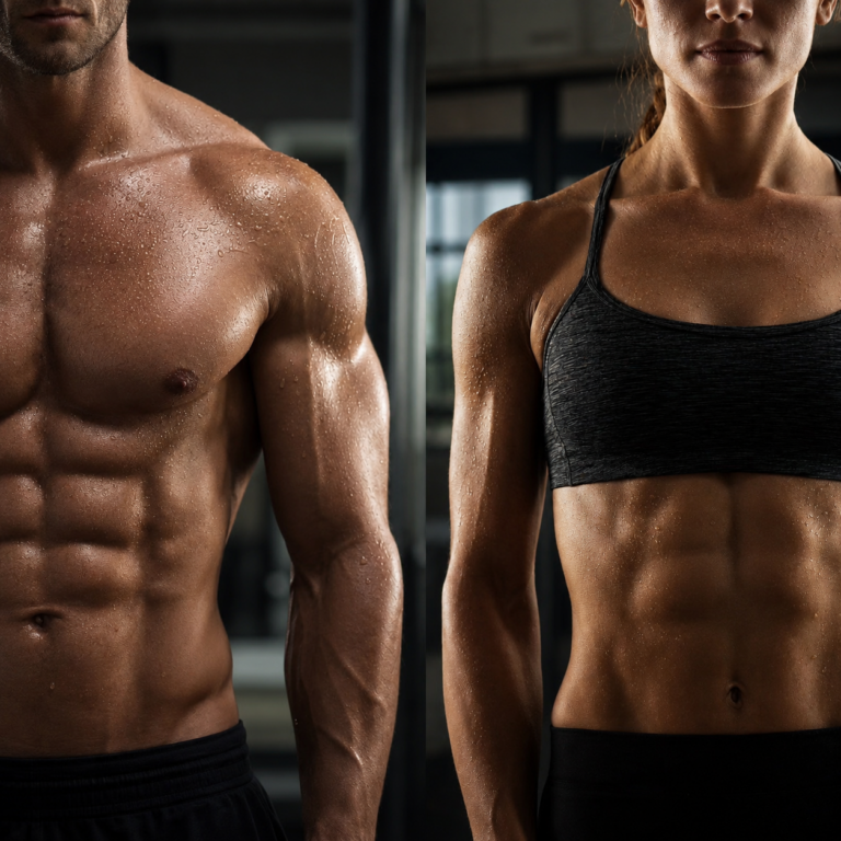 Vergleich von männlichem und weiblichem Torso mit sichtbaren Muskelsträngen, links 5 % Körperfett (männlich), rechts 15 % Körperfett (weiblich), klare Muskeldefinition.