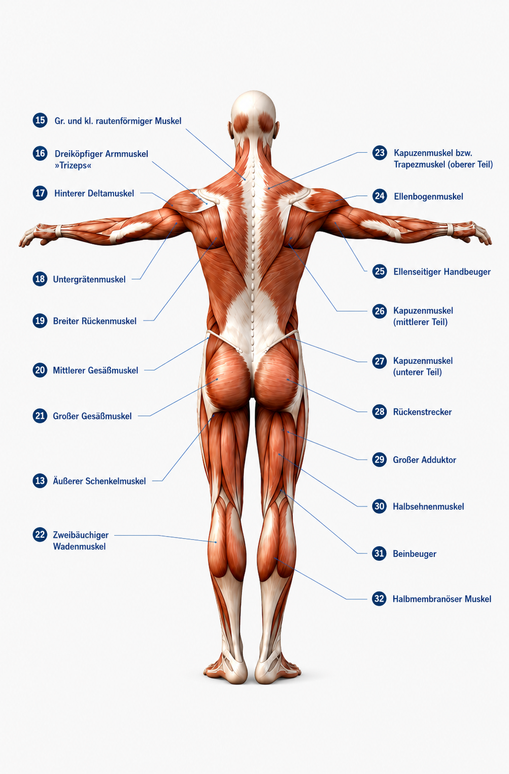 Rückansicht der männlichen Muskulatur, detaillierte Darstellung der Muskelstränge und Fasern, anatomische Präzision, sichtbare Brust-, Bauch- und Rückenmuskulatur.