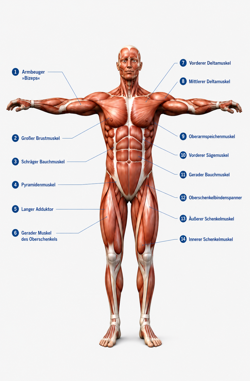 Frontansicht der männlichen Muskulatur, detaillierte Darstellung der Muskelstränge und Fasern, anatomische Präzision, sichtbare Brust-, Bauch- und Rückenmuskulatur.