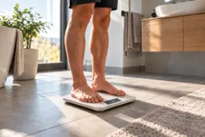 Person steht morgens auf einer digitalen Personenwaage im Badezimmer